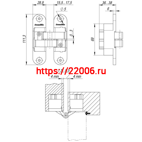 Петля Armadillo (Армадилло) скрытой установки U3D6200R SN правая (Architect 3D-ACH 60) мат. никель 60 кг фото 4 Петля Armadillo (Армадилло) скрытой установки U3D6200R SN правая (Architect 3D-ACH 60) мат. никель 60 кг фото 4